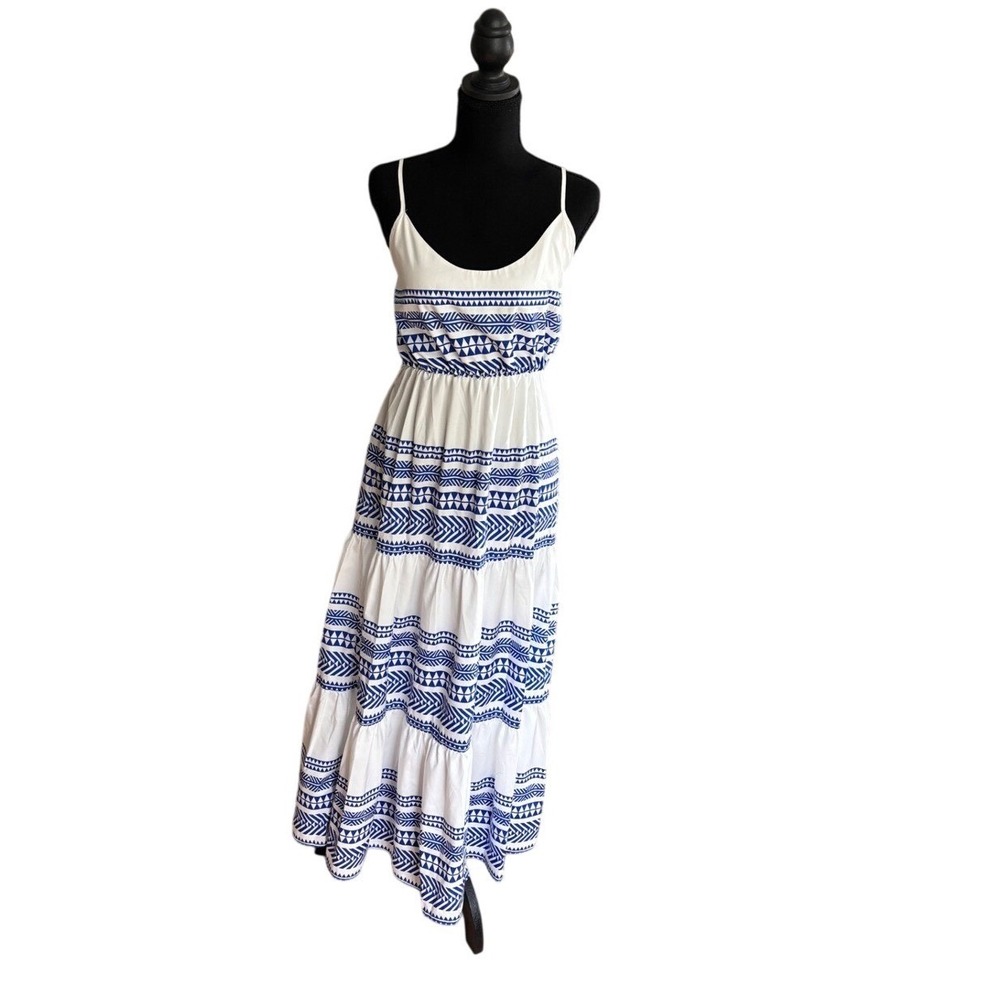 Boho Tiered Maxi Dress White Blue Geometric Spaghetti Strap Summer